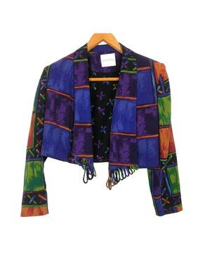 Vtg Doncaster Cropped Open Jacket Sz 4 Fringe Hem Vibrant Multicolor Pattern
